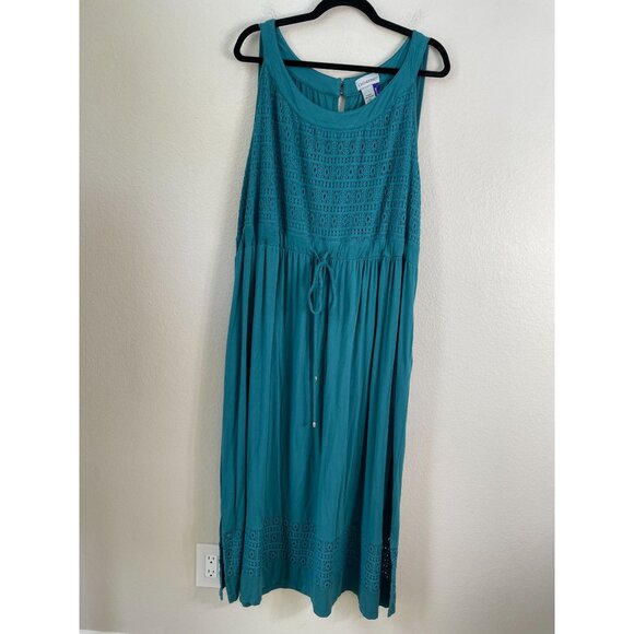 Catherines Womens Plus 3XWP Teal Sleeveless Crochet Maxi Dress Drawstring Waist - Picture 1 of 9